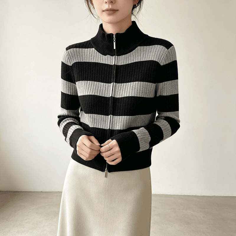 실사 2026 가을 겨울 니트 카디건 코트 여성 더블 지퍼 한국 스타일 루즈핏 스트라이프 POLO 칼라 긴팔 맨위 상세 이미지 2