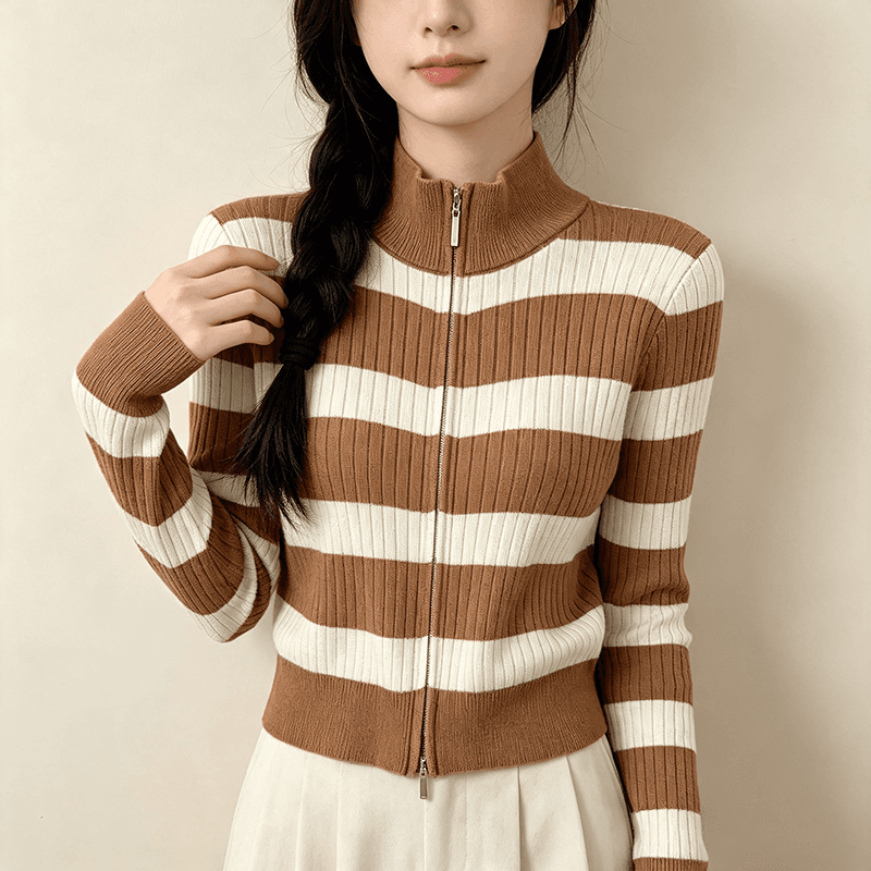 실사 2026 가을 겨울 니트 카디건 코트 여성 더블 지퍼 한국 스타일 루즈핏 스트라이프 POLO 칼라 긴팔 맨위 상세 이미지 3