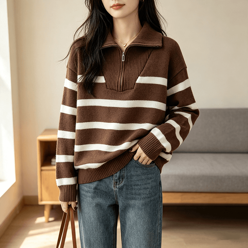 2026 가을 겨울 빅 사이즈 새로운 하프 지퍼 폴로 칼라 풀오버 스트라이프 스웨터 여자 루즈핏 디스플레이 농땡이 부리다 니트 스웨터 맨위 여성 이미지 2