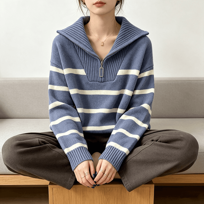 2026 가을 겨울 빅 사이즈 새로운 하프 지퍼 폴로 칼라 풀오버 스트라이프 스웨터 여자 루즈핏 디스플레이 농땡이 부리다 니트 스웨터 맨위 여성 이미지 4