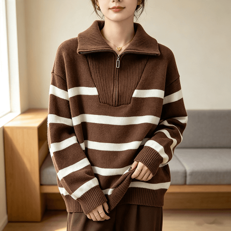 2026 가을 겨울 빅 사이즈 새로운 하프 지퍼 폴로 칼라 풀오버 스트라이프 스웨터 여자 루즈핏 디스플레이 농땡이 부리다 니트 스웨터 맨위 여성 상세 이미지 3