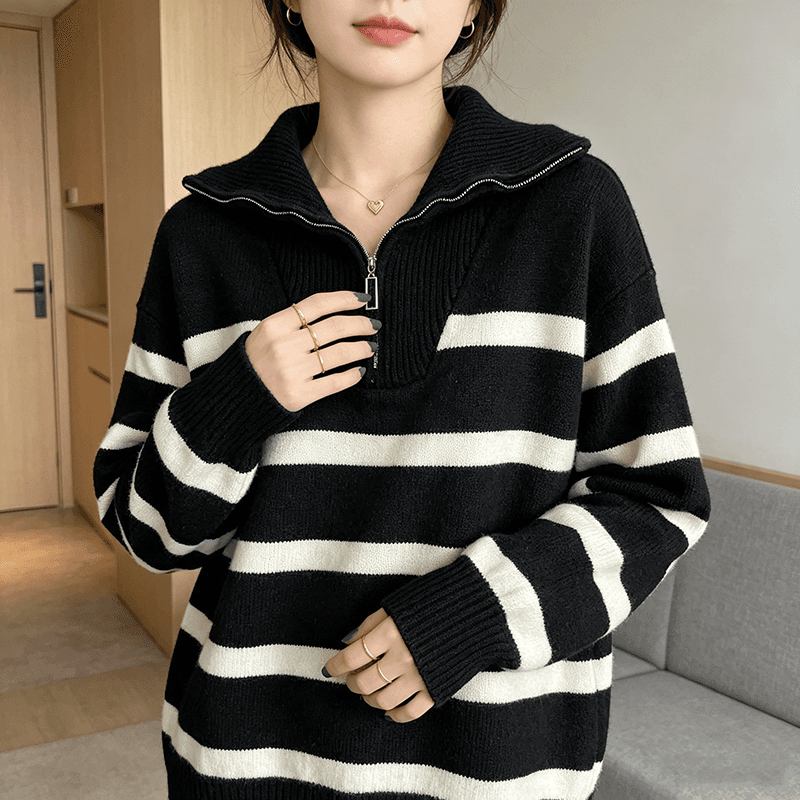 2026 가을 겨울 빅 사이즈 새로운 하프 지퍼 폴로 칼라 풀오버 스트라이프 스웨터 여자 루즈핏 디스플레이 농땡이 부리다 니트 스웨터 맨위 여성 상세 이미지 5