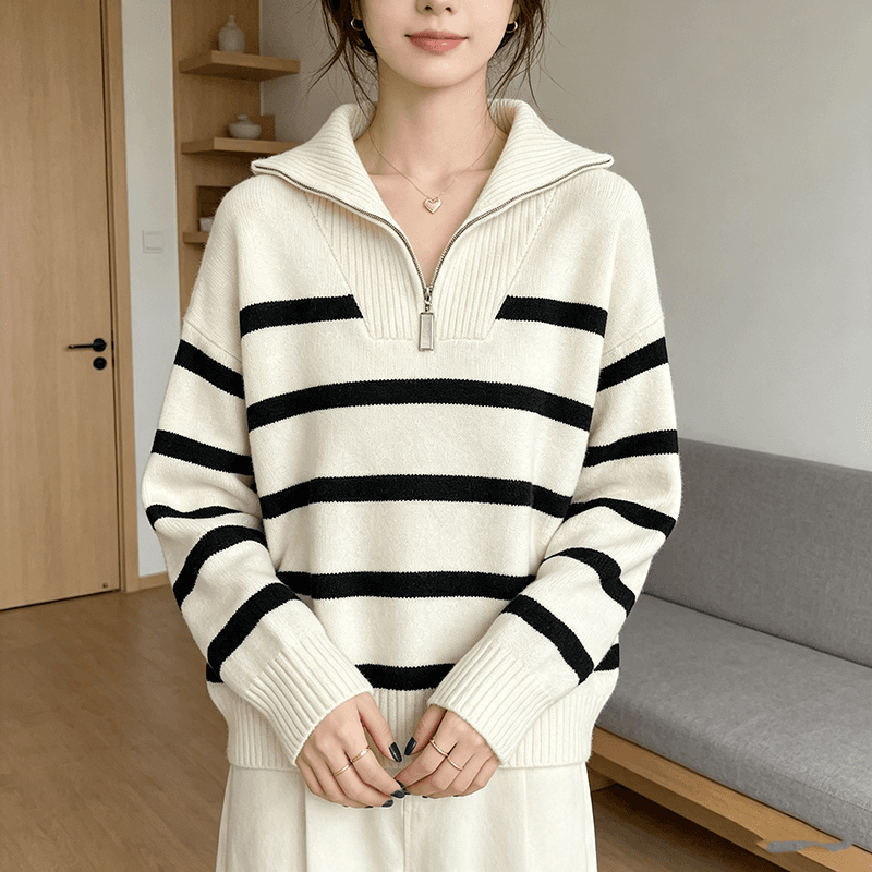 2026 가을 겨울 빅 사이즈 새로운 하프 지퍼 폴로 칼라 풀오버 스트라이프 스웨터 여자 루즈핏 디스플레이 농땡이 부리다 니트 스웨터 맨위 여성 상세 이미지 7