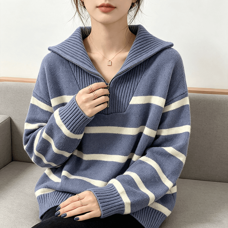 2026 가을 겨울 빅 사이즈 새로운 하프 지퍼 폴로 칼라 풀오버 스트라이프 스웨터 여자 루즈핏 디스플레이 농땡이 부리다 니트 스웨터 맨위 여성 상세 이미지 9