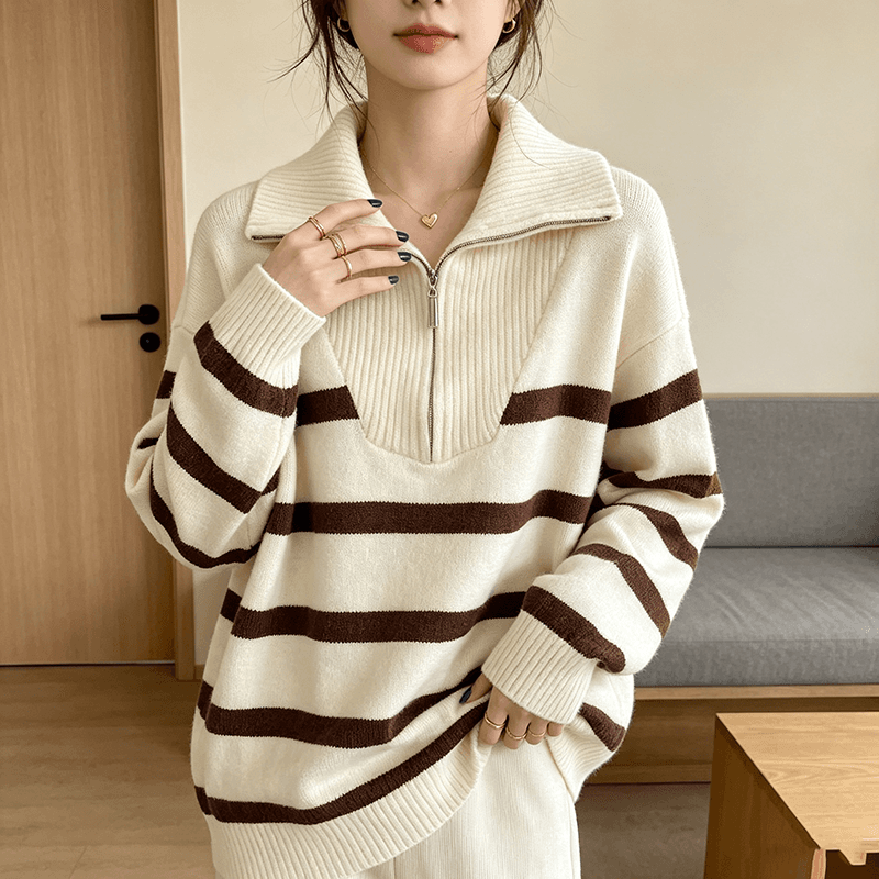 2026 가을 겨울 빅 사이즈 새로운 하프 지퍼 폴로 칼라 풀오버 스트라이프 스웨터 여자 루즈핏 디스플레이 농땡이 부리다 니트 스웨터 맨위 여성 상세 이미지 11