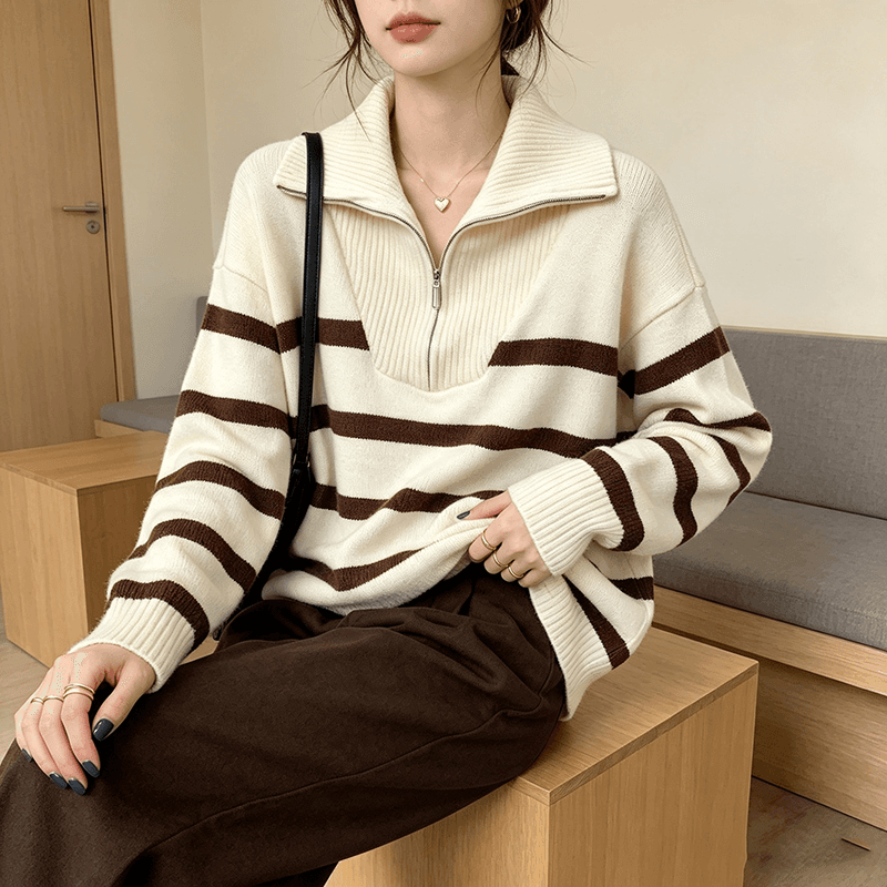 2026 가을 겨울 빅 사이즈 새로운 하프 지퍼 폴로 칼라 풀오버 스트라이프 스웨터 여자 루즈핏 디스플레이 농땡이 부리다 니트 스웨터 맨위 여성 상세 이미지 12