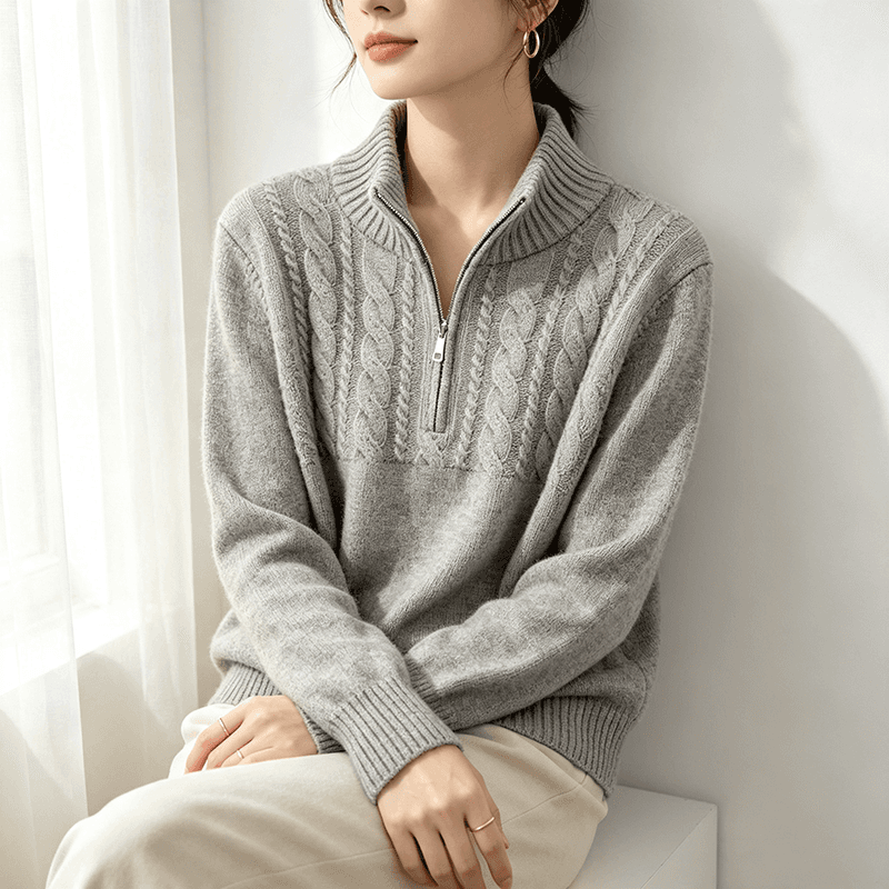 실사 2026 고급 센스 하프 지퍼 폴로 칼라 긍정적 인 어깨 스웨터 여자 새로운 꽈배기 니트 스웨터 맨위