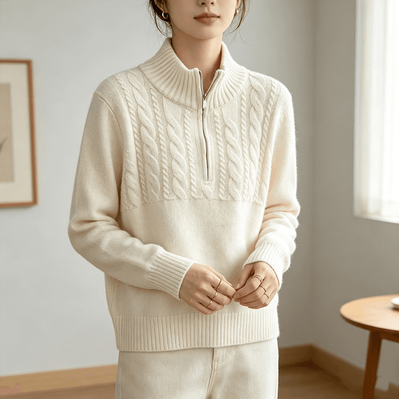 실사 2026 고급 센스 하프 지퍼 폴로 칼라 긍정적 인 어깨 스웨터 여자 새로운 꽈배기 니트 스웨터 맨위 이미지 3