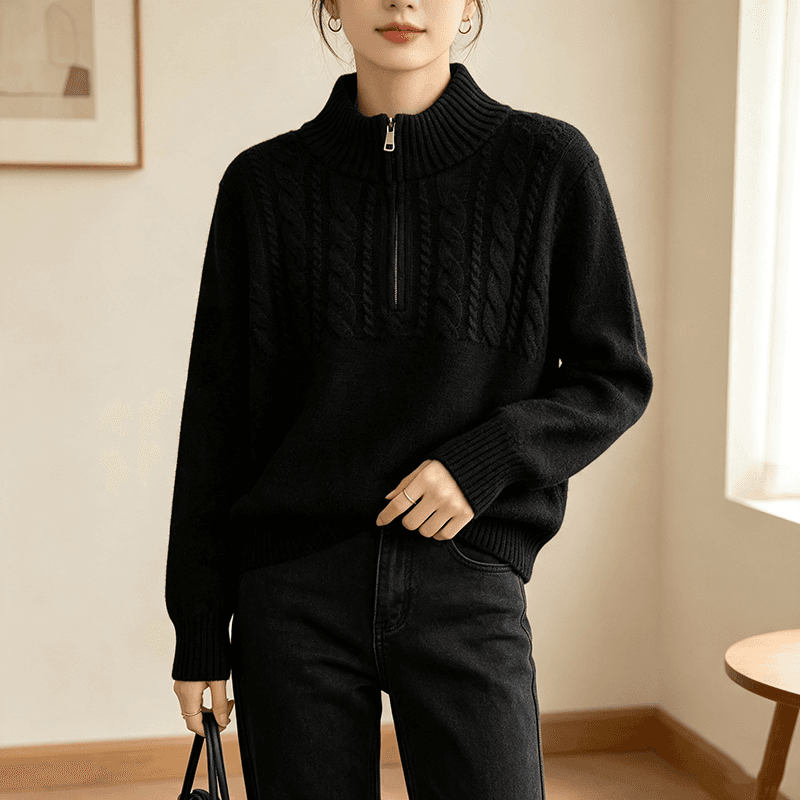 실사 2026 고급 센스 하프 지퍼 폴로 칼라 긍정적 인 어깨 스웨터 여자 새로운 꽈배기 니트 스웨터 맨위 상세 이미지 10