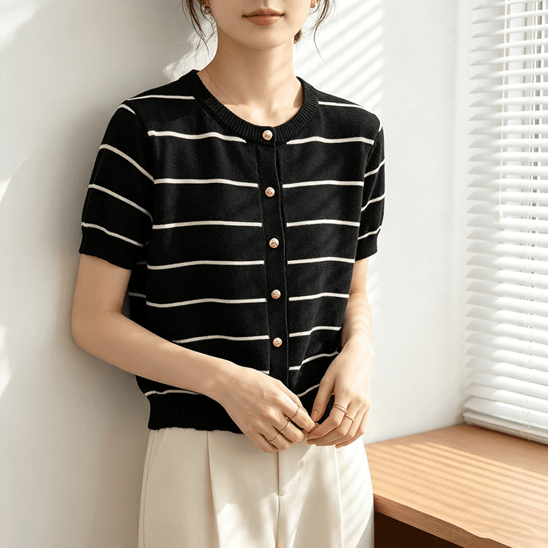 실사 2026 년 여름 한국 스타일 품격 스트라이프 홀로우 아웃 니트 반팔 오픈 가디건 맨위 여성 상세 이미지 4