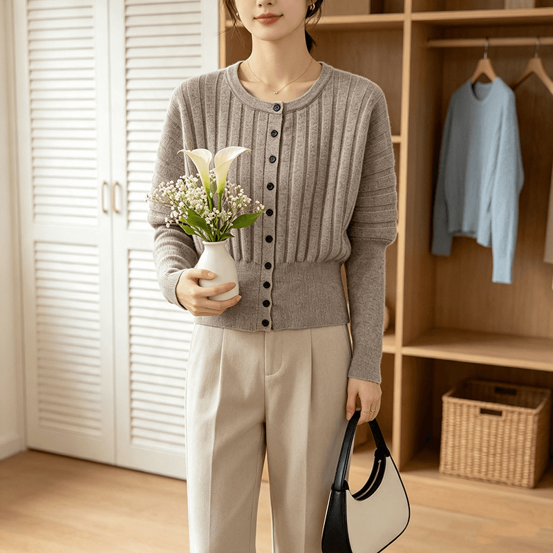 실사 2026 새로운 부드러운 바람 와인 빨간색 회색 검정색 쇼트 스타일 라운드 넥 긴팔 털 니트 스웨터 여성 상세 이미지 3