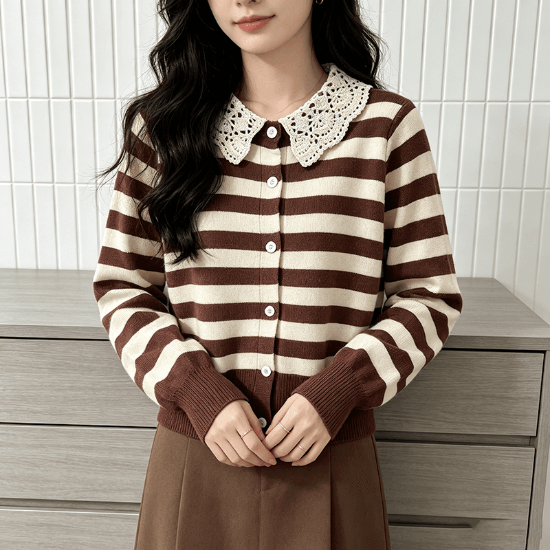 실사 2026 새로운 프랑스식 레트로 스트라이프 베이비 칼라 털 니트 스웨터 여성 상세 이미지 9