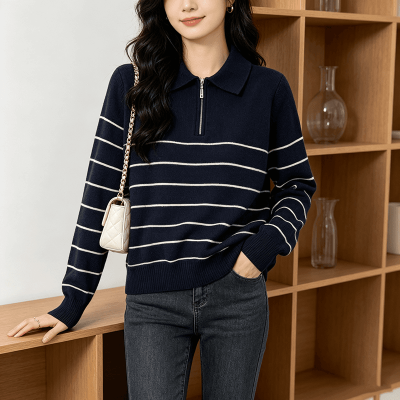 실사 가을 겨울 새로운 쌀 화이트 해군 와인 빨간색 스트라이프 POLO 칼라 털 니트 스웨터 여성 2026 새로운 이미지 4