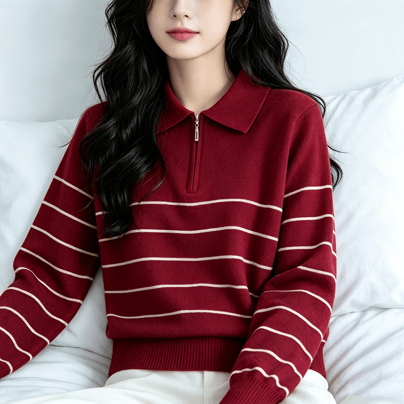 실사 가을 겨울 새로운 쌀 화이트 해군 와인 빨간색 스트라이프 POLO 칼라 털 니트 스웨터 여성 2026 새로운