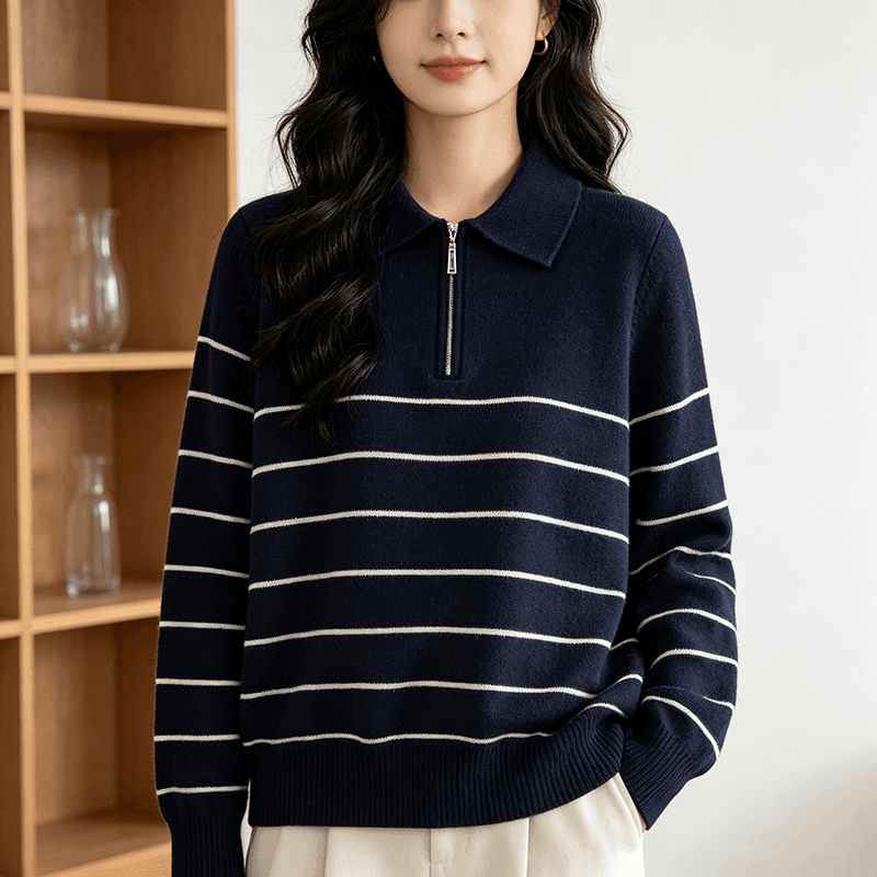 실사 가을 겨울 새로운 쌀 화이트 해군 와인 빨간색 스트라이프 POLO 칼라 털 니트 스웨터 여성 2026 새로운 상세 이미지 2