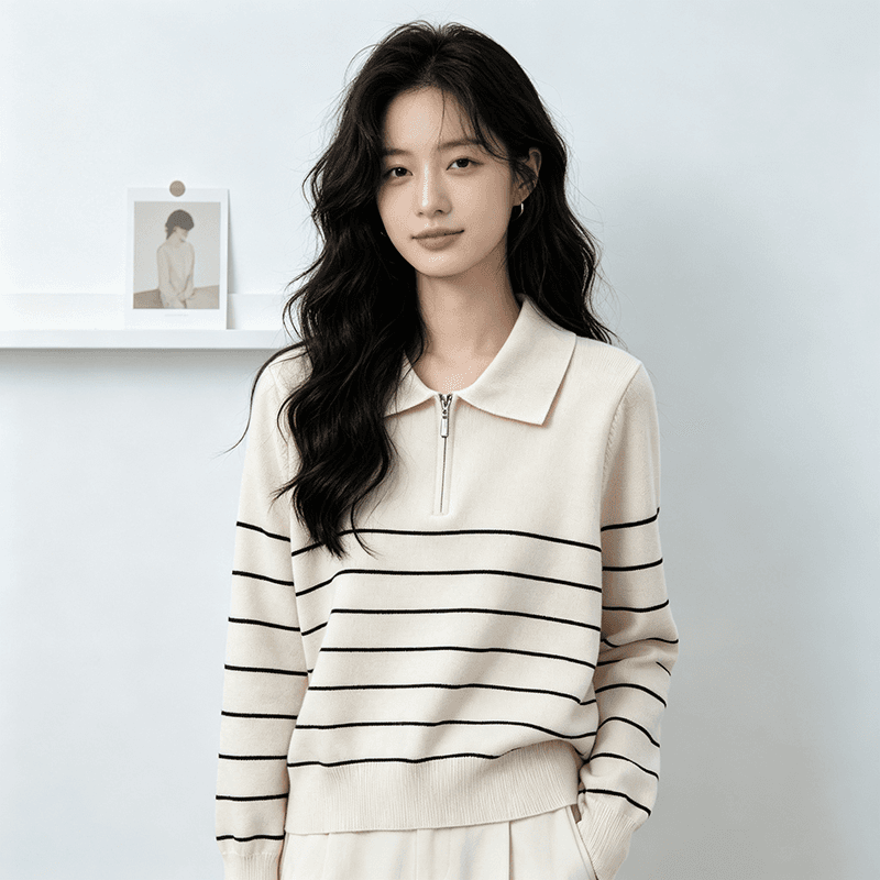 실사 가을 겨울 새로운 쌀 화이트 해군 와인 빨간색 스트라이프 POLO 칼라 털 니트 스웨터 여성 2026 새로운 상세 이미지 4