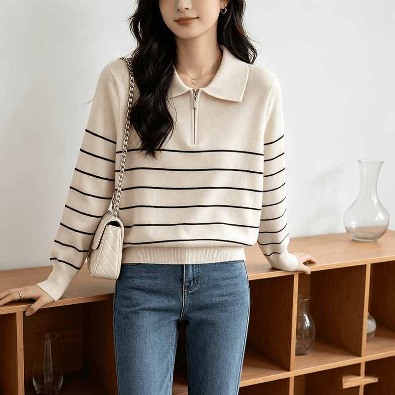 실사 가을 겨울 새로운 쌀 화이트 해군 와인 빨간색 스트라이프 POLO 칼라 털 니트 스웨터 여성 2026 새로운 상세 이미지 6