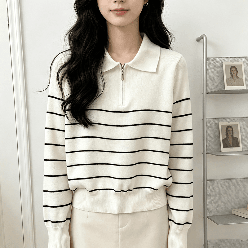 실사 가을 겨울 새로운 쌀 화이트 해군 와인 빨간색 스트라이프 POLO 칼라 털 니트 스웨터 여성 2026 새로운 상세 이미지 7