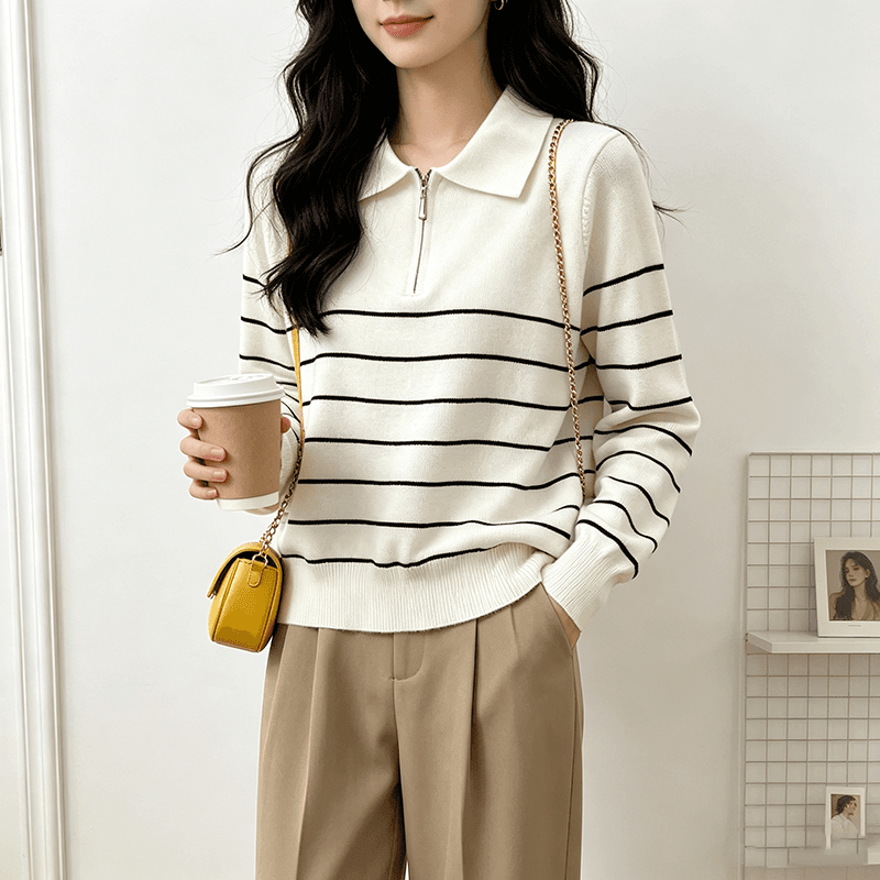 실사 가을 겨울 새로운 쌀 화이트 해군 와인 빨간색 스트라이프 POLO 칼라 털 니트 스웨터 여성 2026 새로운 상세 이미지 10