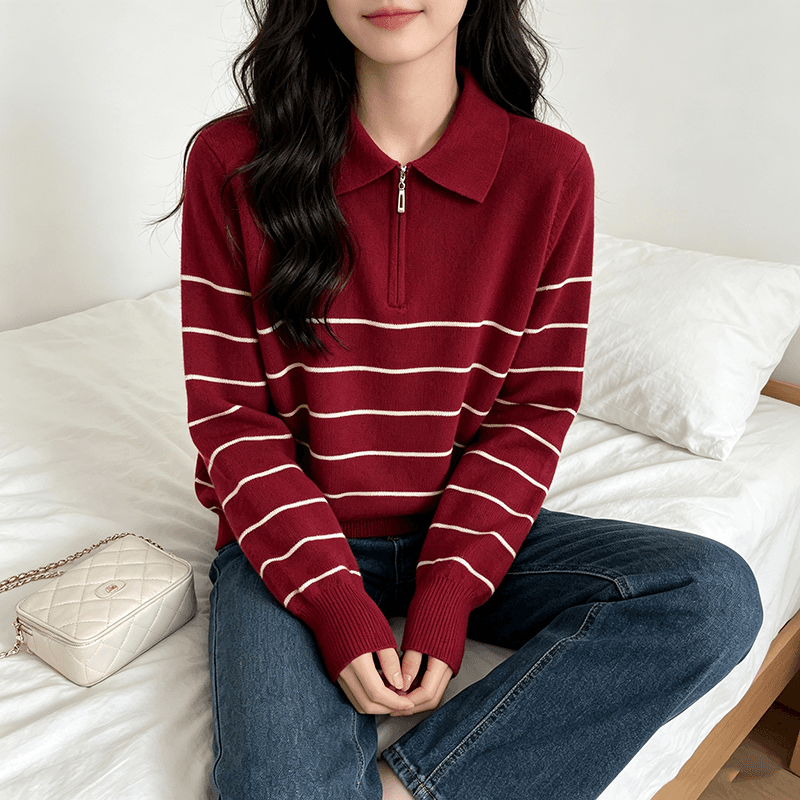 실사 가을 겨울 새로운 쌀 화이트 해군 와인 빨간색 스트라이프 POLO 칼라 털 니트 스웨터 여성 2026 새로운 이미지 4