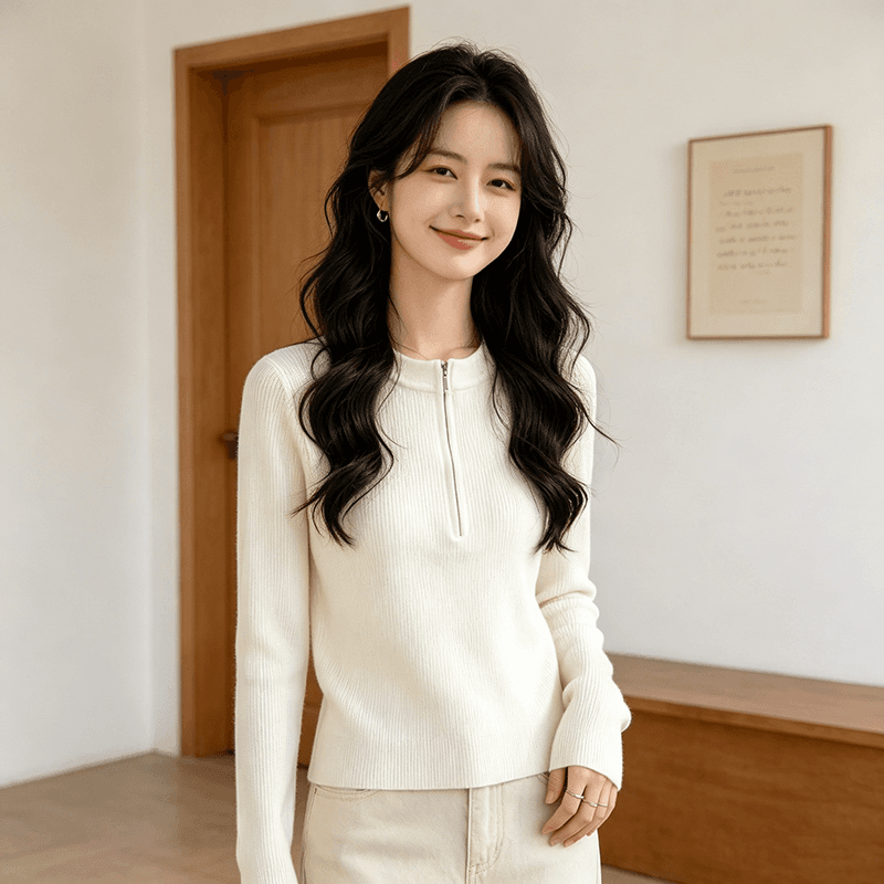 실사 2026 가을 겨울 새로운 미니멀리즘 바람 몸매 가꾸기 반 개방 칼라 털 니트 스웨터 여성 상세 이미지 10