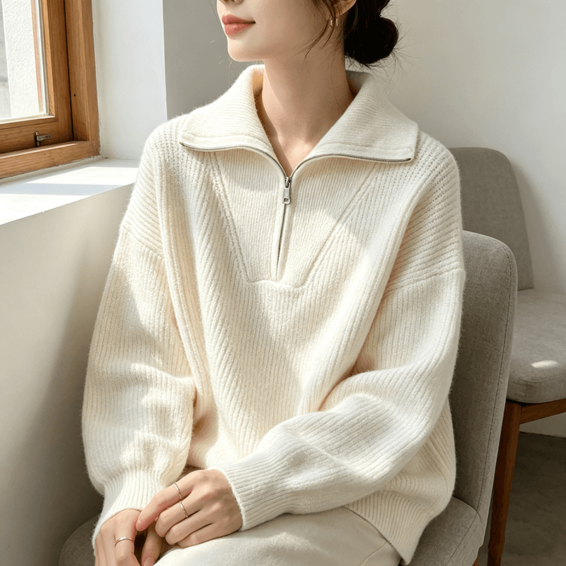 실사 2026 새로운 미니멀리즘 바람 반 개방 칼라 루즈핏 털 니트 스웨터 여성 상세 이미지 9