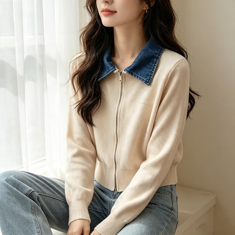 실사 2026 가을 겨울 새로운 데님 폴로 칼라 패치워크 지퍼 오픈 가디건 털 니트 스웨터 여성 이미지 4