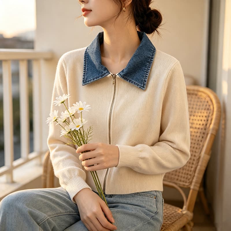 실사 2026 가을 겨울 새로운 데님 폴로 칼라 패치워크 지퍼 오픈 가디건 털 니트 스웨터 여성 상세 이미지 13