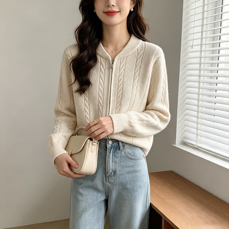 실사 2026 가을 겨울 새로운 미니멀리즘 바람 지퍼 스탠드 칼라 쇼트 스타일 털 니트 스웨터 여성 상세 이미지 5
