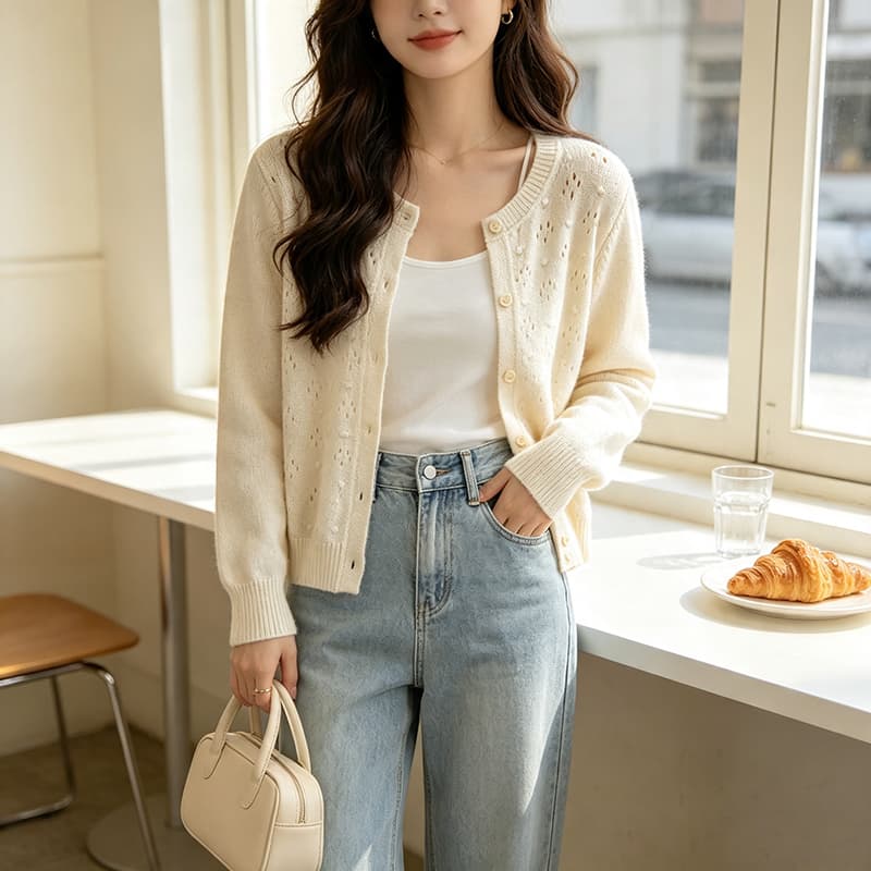 미니멀리즘 바람 밝은 노란색 색상 라운드 넥 홀로우 아웃 자카드 쇼트 스타일 털 니트 스웨터 여성 2026 새로운 이미지 4