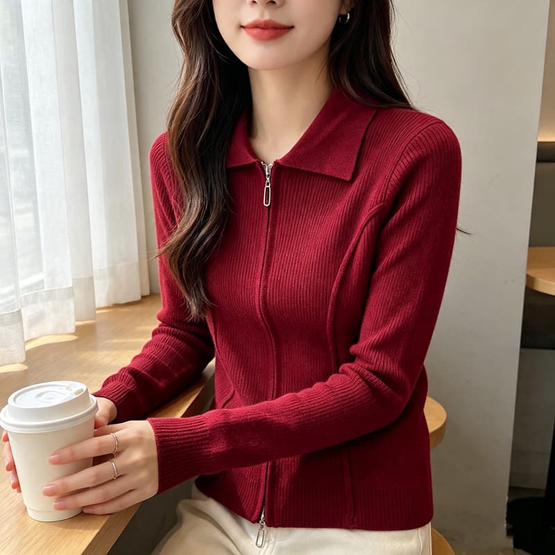 실사 2026 가을 겨울 새로운 미니멀리즘 바람 단색 몸매 가꾸기 지퍼 폴로 칼라 털 니트 스웨터 여성 상세 이미지 3