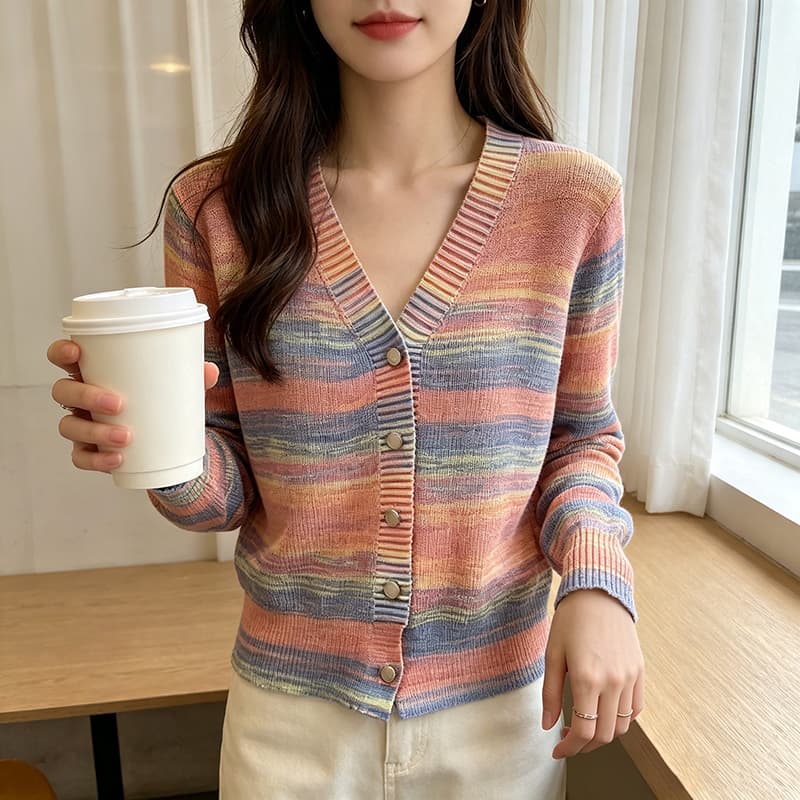 실사 레트로 스타일 파우더 블루 보라색 기타 색상 스트라이프 V넥 쇼트 스타일 털 니트 스웨터 여성 2026 새로운 상세 이미지 7