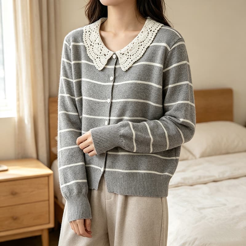 실사 프랑스식 베이비 칼라 스트라이프 털 니트 스웨터 여성 슬림해 보이는 연령 감소 2026 새로운 상세 이미지 8