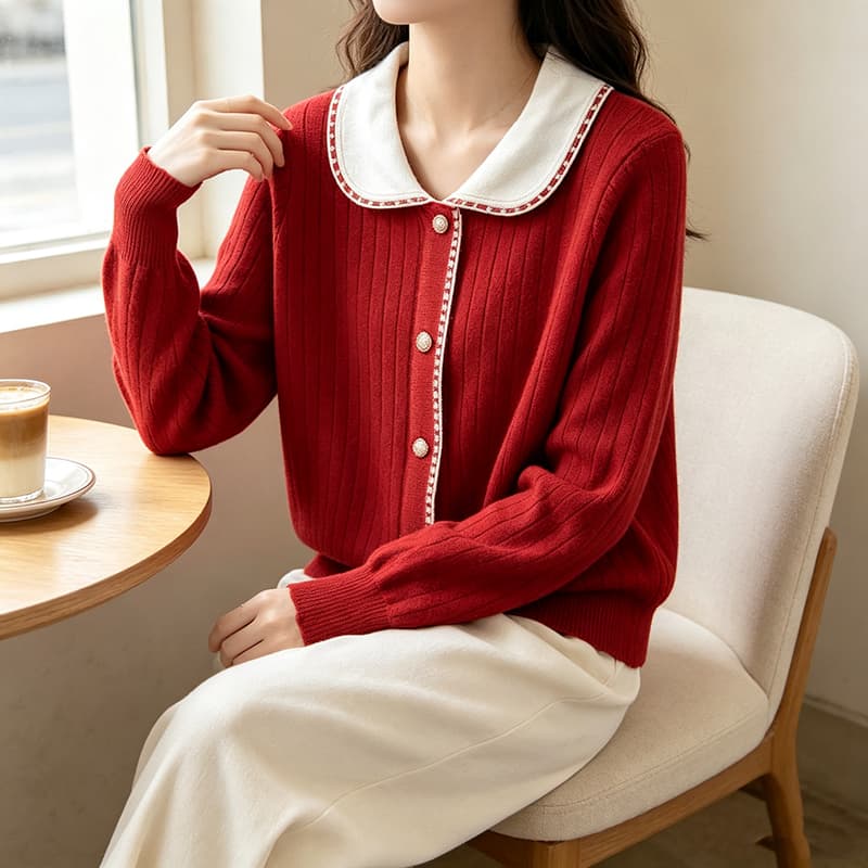 실사 프랑스식 레트로 베이비 칼라 진주 버클 핑크색 빨간색 검정색 살구 색상 털 니트 스웨터 여성 2026 새로운 이미지 3