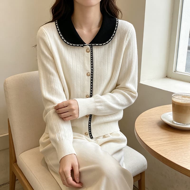 실사 프랑스식 레트로 베이비 칼라 진주 버클 핑크색 빨간색 검정색 살구 색상 털 니트 스웨터 여성 2026 새로운 상세 이미지 5