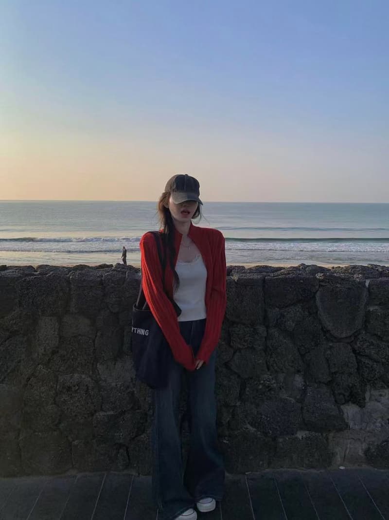 실사 한 부서 빨간색 지퍼 니트 오픈 가디건 가을 겨울 신년 로브 착용 가져 가라. 두꺼운 디스플레이 흰 머리카락 외투 ins 상세 이미지 3