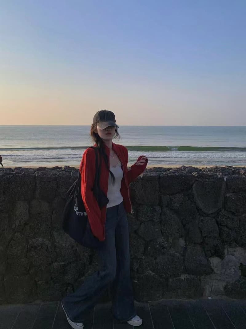 실사 한 부서 빨간색 지퍼 니트 오픈 가디건 가을 겨울 신년 로브 착용 가져 가라. 두꺼운 디스플레이 흰 머리카락 외투 ins 상세 이미지 4