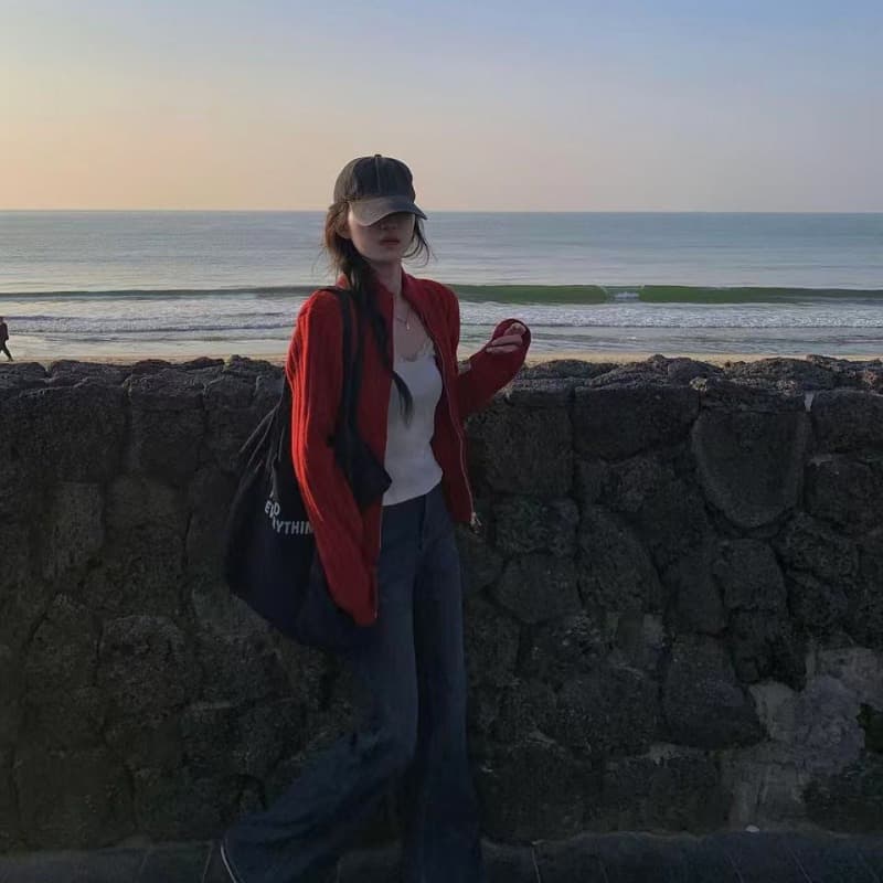 실사 한 부서 빨간색 지퍼 니트 오픈 가디건 가을 겨울 신년 로브 착용 가져 가라. 두꺼운 디스플레이 흰 머리카락 외투 ins 이미지 5