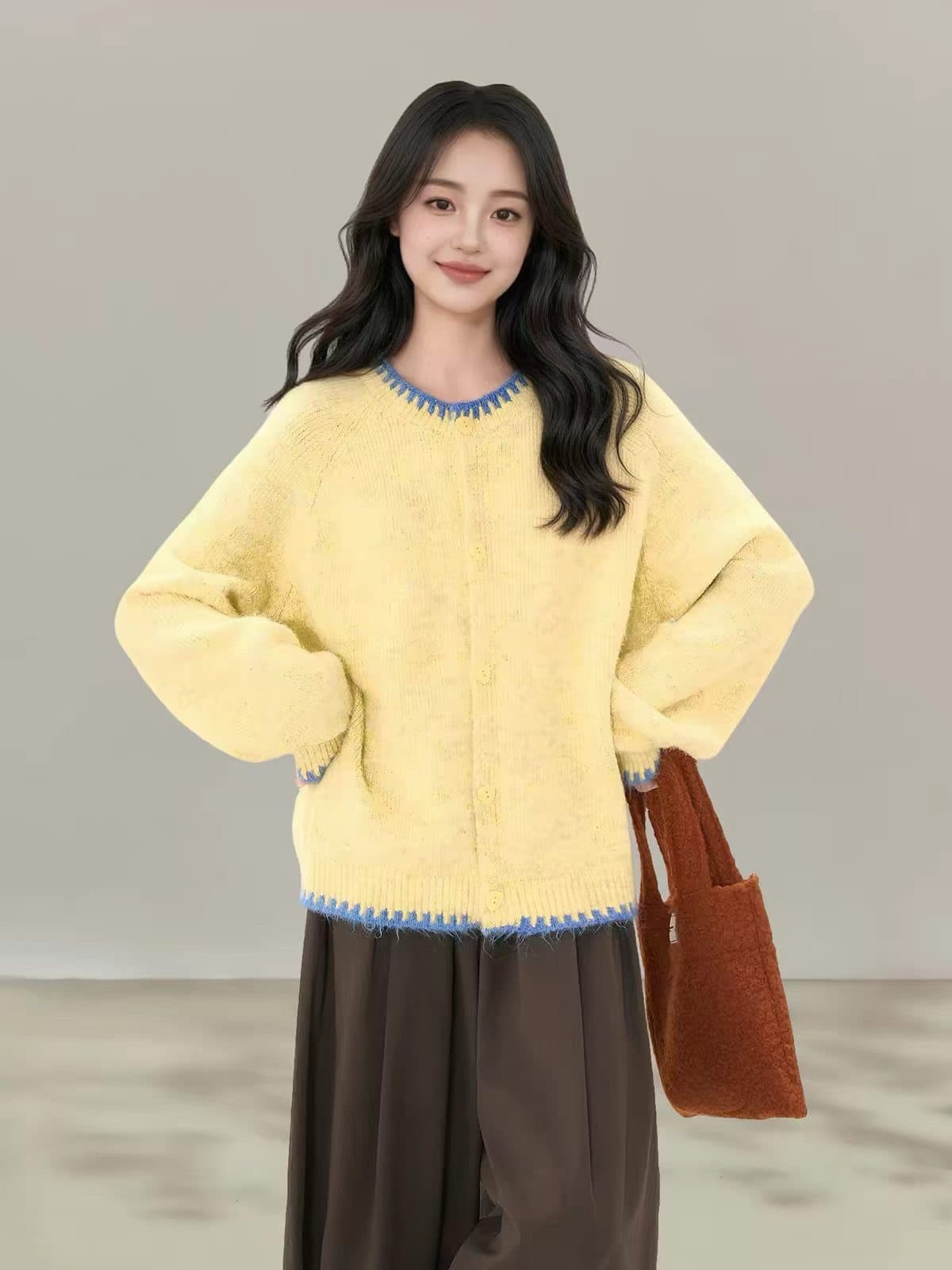 레트로 배색 라운드 넥 니트 오픈 가디건 기타 색상 입력 느긋한 루즈핏 슬림해 보이는 부드러운 찹쌀 모피 스웨터 여자 상세 이미지 3