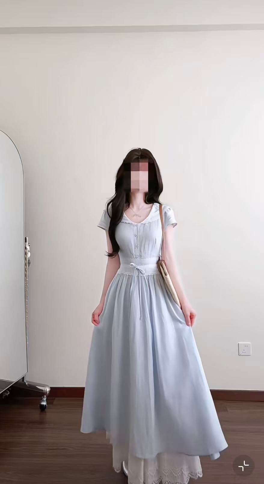 2026 여름 새로운 여성 프랑스식 고급 센스 반팔 베이비 칼라 점프 슈트 치마 품격 허리 수축 슬림해 보이는 롱 스커트 상세 이미지 2