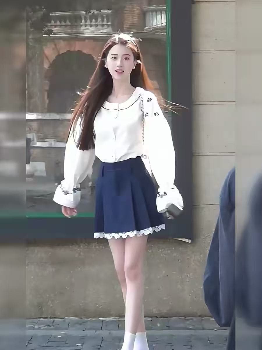레트로 자수 레이스 베이비 칼라 셔츠 반신 치마 세트 여성 2026 봄 여름 숙녀 바람 작은 키 투피스 세트 이미지 5