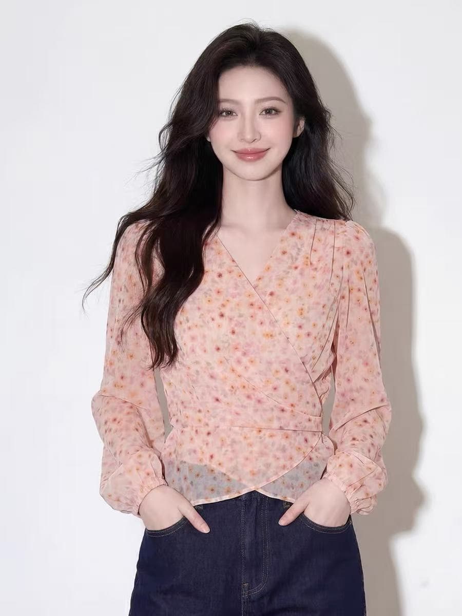 2026 봄 여름 새로운 프랑스식 벌룬 소매 핑크색 꽃무늬 여성 셔츠 높음 지혜 센스 착용 가져 가라. 아름다운 그레이트 봐. 의류 상세 이미지 3