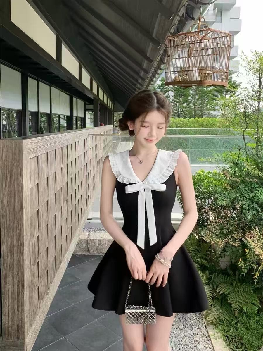 소녀 데이트 주간 첸 토리노 같은 단락 레이스 나비 매듭 검정색 드레스 상세 이미지 1
