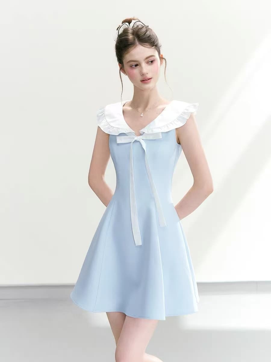 학원 스타일 프릴 폴로 칼라 드레스 여름 허리 수축 슬림해 보이는 소녀 센스 품격 민소매 A라인 스커트 여성 이미지 2