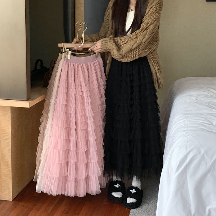 실사 2026 프릴 망사 반신 스커트 부드러운 바람 퍼프 요정 치마 프랑스식 달콤함 롱 코트 케이크 드레스 이미지 5