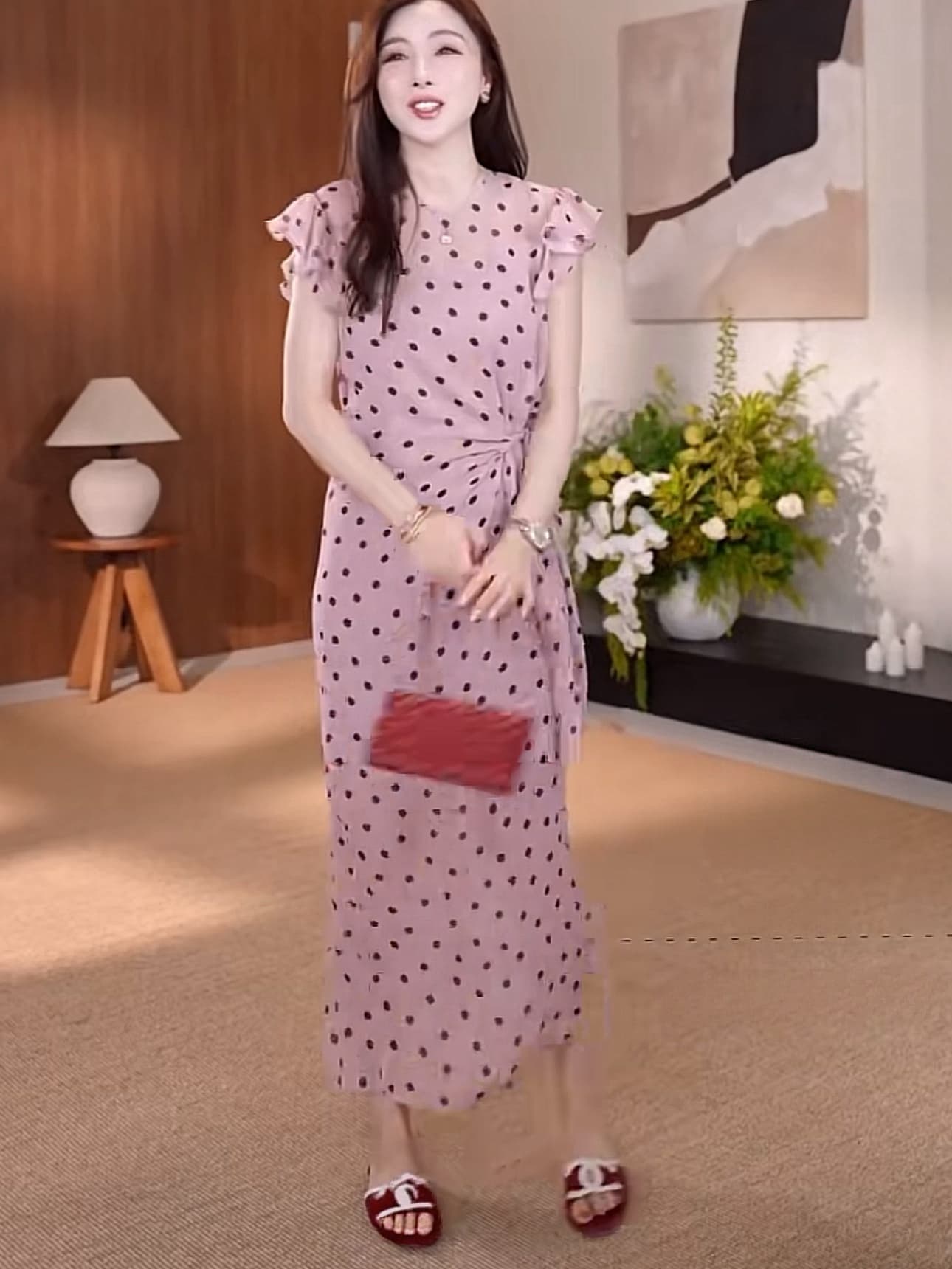 분말 가을 스타 도트 무늬 디자인 스트랩 치마 슬립 안감 투피스 세트 상세 이미지 6