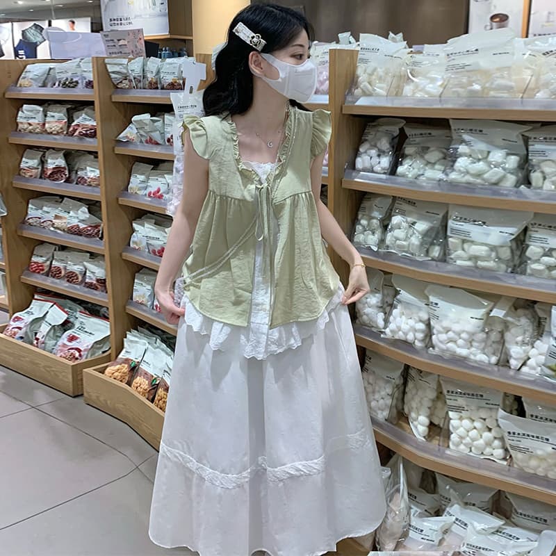실사 새로운 민소매 페이크 레이어드 셔츠 반신 스커트 투피스 세트 프랑스식 달콤함 연령 감소 세트 이미지 2