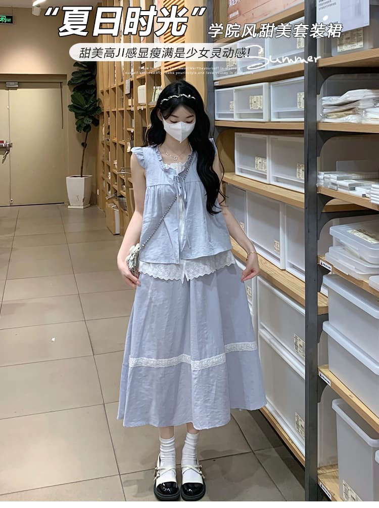 실사 새로운 민소매 페이크 레이어드 셔츠 반신 스커트 투피스 세트 프랑스식 달콤함 연령 감소 세트 상세 이미지 1