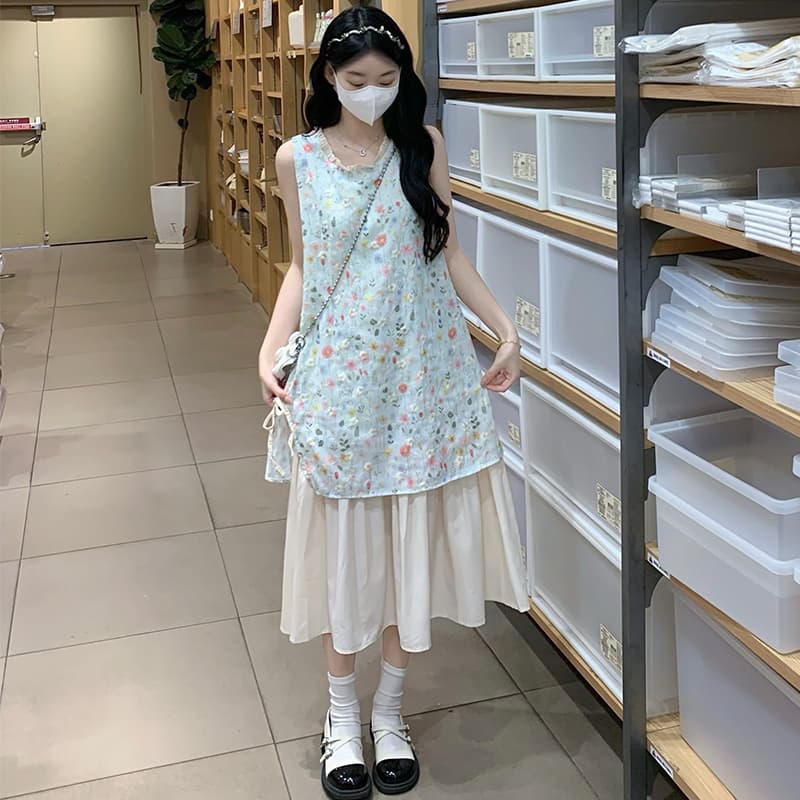 실사 파란색 작은 청신 꽃무늬 자수 민소매 조끼 원피스 새로운 불규칙 패치워크 한 마디 롱 스커트 이미지 4