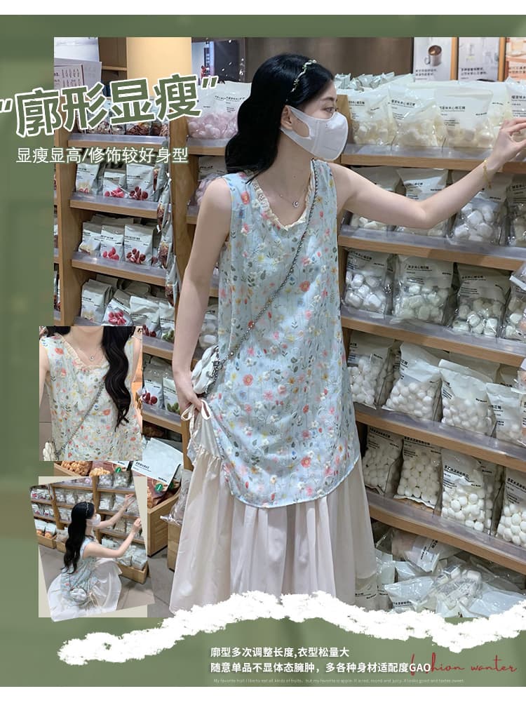 실사 파란색 작은 청신 꽃무늬 자수 민소매 조끼 원피스 새로운 불규칙 패치워크 한 마디 롱 스커트 상세 이미지 3
